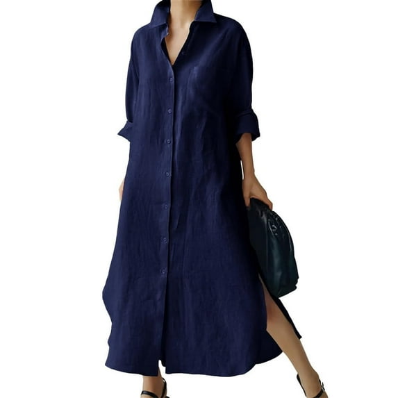 Datmelove Women's Spring Button Down Linen Shirt Dress Summer Flowy Side Slit Maxi Shift Dress