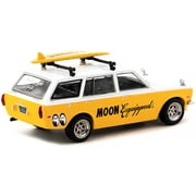 Datsun Bluebird 510 Wagon Yellow and White MOON Equipped with Roof Rack and Surfboard Global64 Series 1/64 Diecast Model Car by Tarmac Works