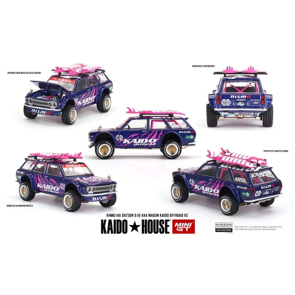 Datsun Kaido 510 Wagon 4x4 RHD #90 "Kaido Offroad V2" Purple w/Pink and Surfboards 1/64 Diecast Model Car by Mini GT