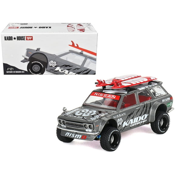 Datsun Kaido 510 Wagon 4x4 RHD "Kaido Offroad V1" Gray Metallic w/Red Interior and Surfboards 1/64 Diecast Model Car by Mini GT