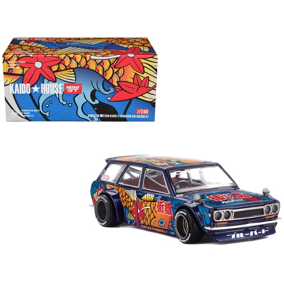Datsun Kaido 510 Wagon RHD "Koi Wagon V1" Blue with Koi Fish Graphics "Kaido House" Special 1/64 Diecast Model Car by Mini GT