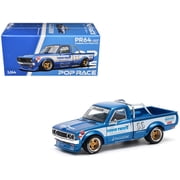 Datsun Pandem 620 Pickup Truck #66 Blue Metallic with White Stripes and Graphics 1/64 Die Cast Model Car by Pop Race