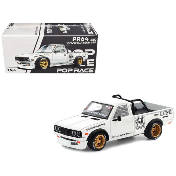 Datsun Pandem 620 Pickup Truck "Rocket Bunny Racing" White with Graphics 1/64 Diecast Model Car by Pop Race