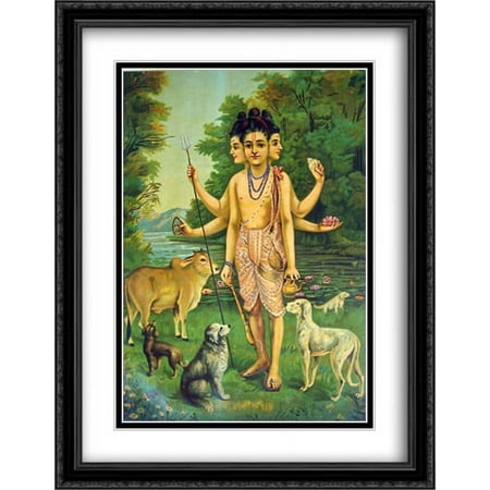 Dattatreya 2x Matted 28x36 Large Black Ornate Framed Art Print by Ravi Varma, Raja
