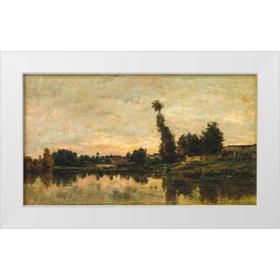 Daubigny, Charles Francois 14x10 White Modern Wood Framed Museum Art Print Titled - Sunset on the River Oise