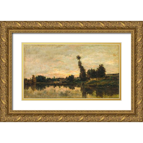 Daubigny, Charles Francois 32x20 Gold Ornate Wood Framed with Double Matting Museum Art Print Titled - Sunset on the River Oise