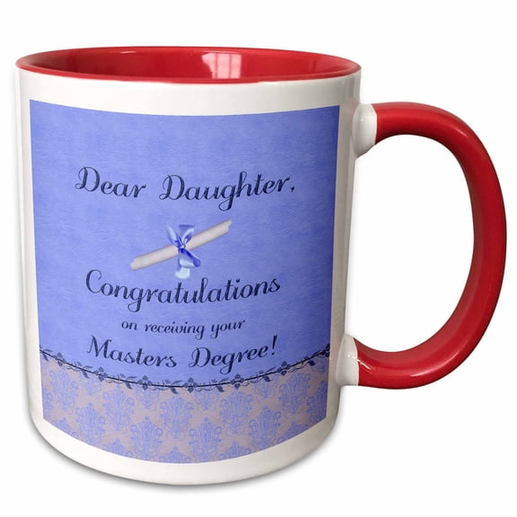 3drose, Daughter Congratulation, Masters Degree Diploma, Flora, Damask, Blue, 15oz Two-tone Red Mug