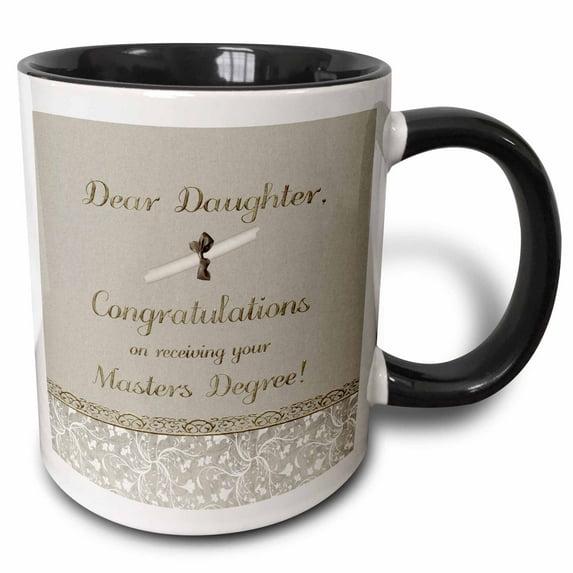 3drose, Daughter Congratulation, Masters Degree, Diploma, Flowers, Tan, Gold, 15oz Two-tone Black Mug