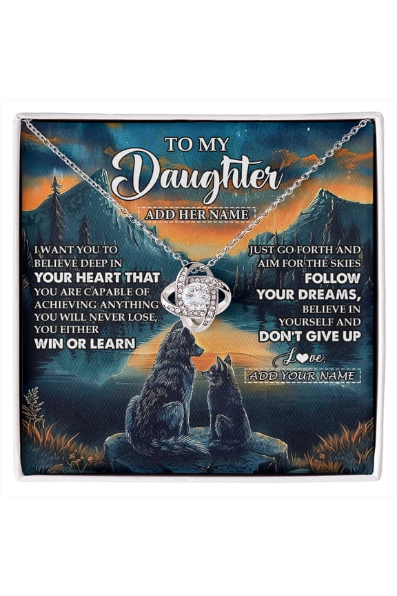 Daughter Dont Give Up Wolf Necklace, Gold Love Knot Necklace