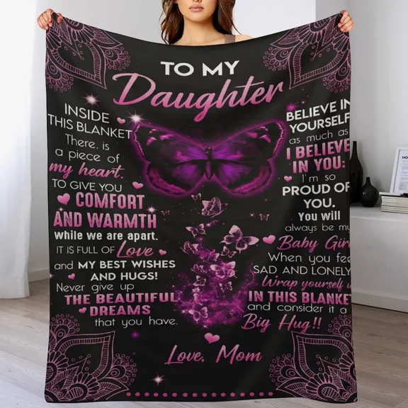 To My Daughter Fleece Blanket from Mom, Purple Butterfly Love Throw Blanket, Soft Cozy Sentimental Gift for Daughter, Birthday, Graduation, Unique Gift from Mom