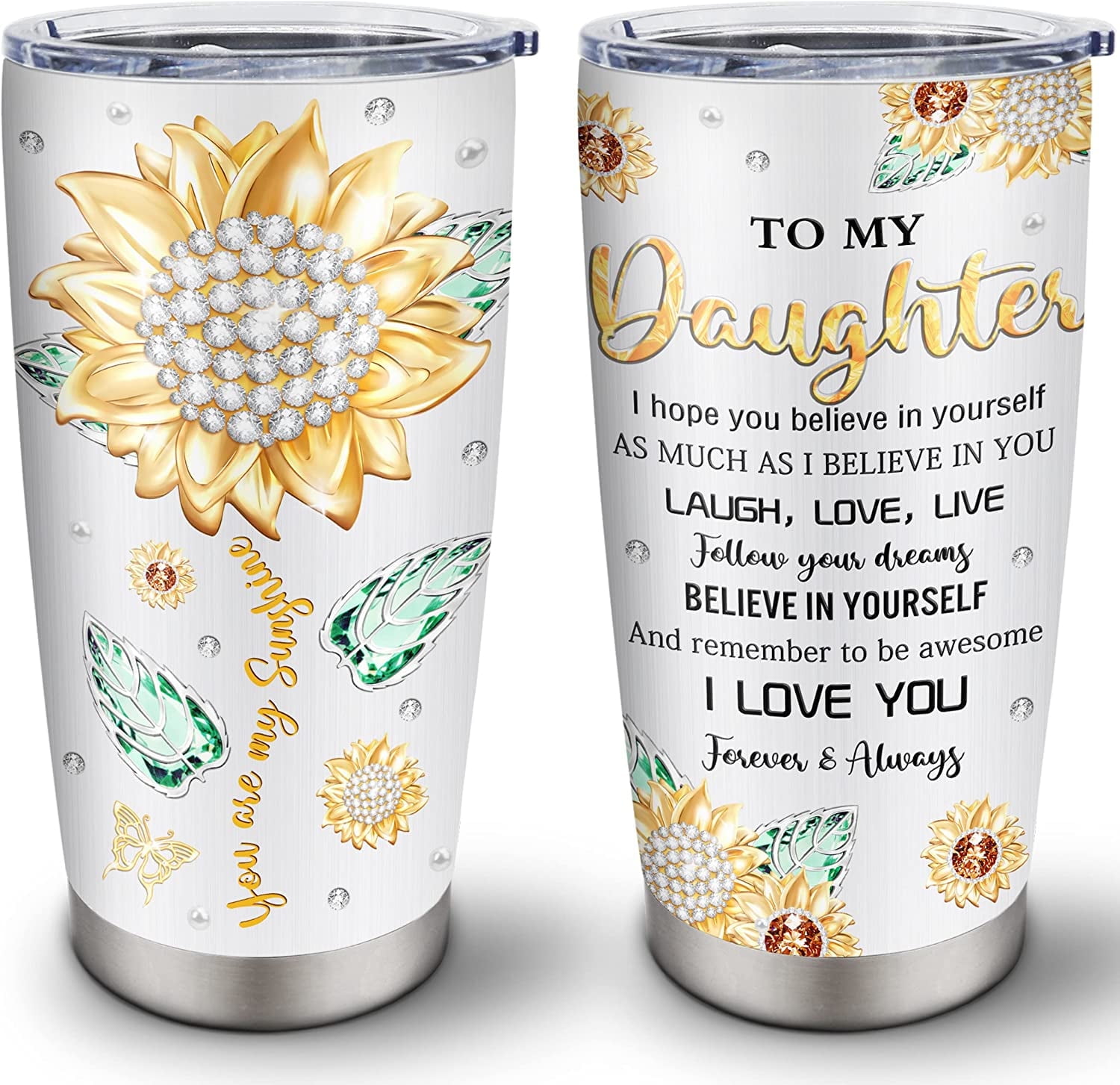20oz Grey Stainless Steel Travel Tumbler with Sunflower Design