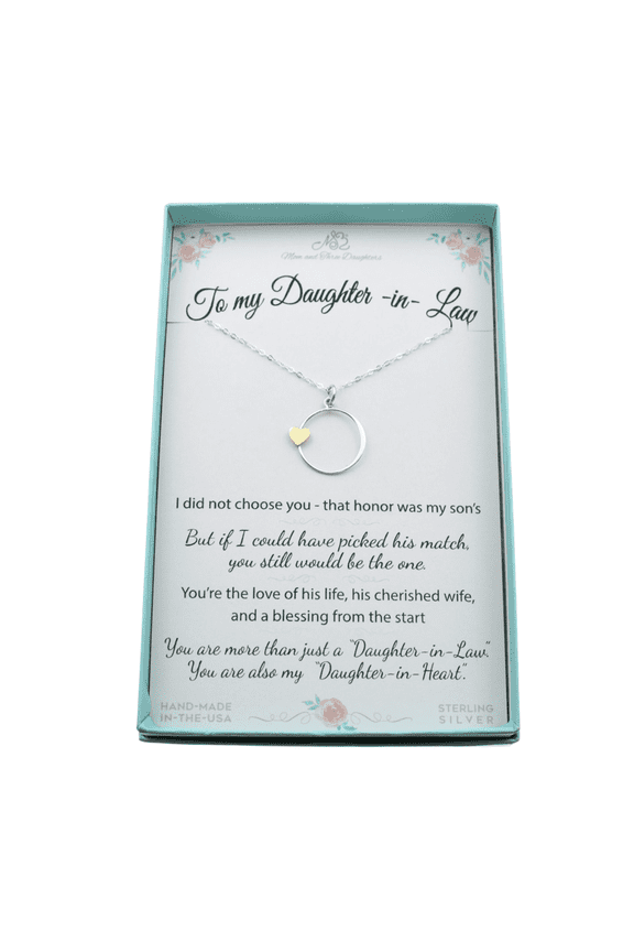Daughter In Law Necklace. 925 Sterling Silver Circle with Bronze Heart on 18 Inch Chain. Wedding Gift from Mother in Law.