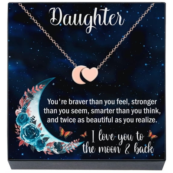 Daughter Jewelry Gift Necklace from Mom, Dad I Love You To The Moon and Back Heart & Moon Pendant Necklace for Teens, Women, Birthday Gifts for Daughters, Christmas Stocking Stuffers (Rose Gold
