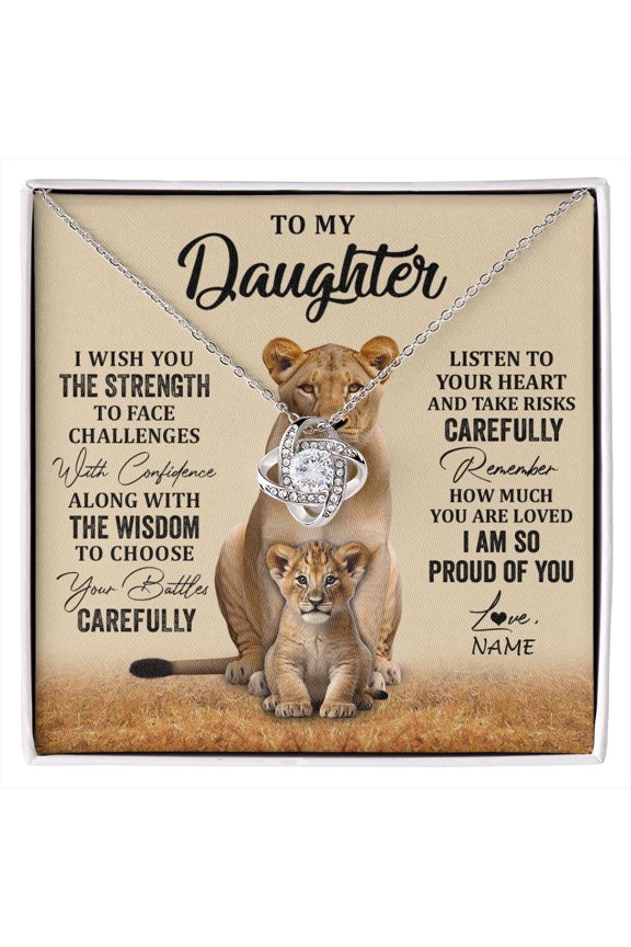 Daughter Lion Strength Necklace, White Love Knot Necklace