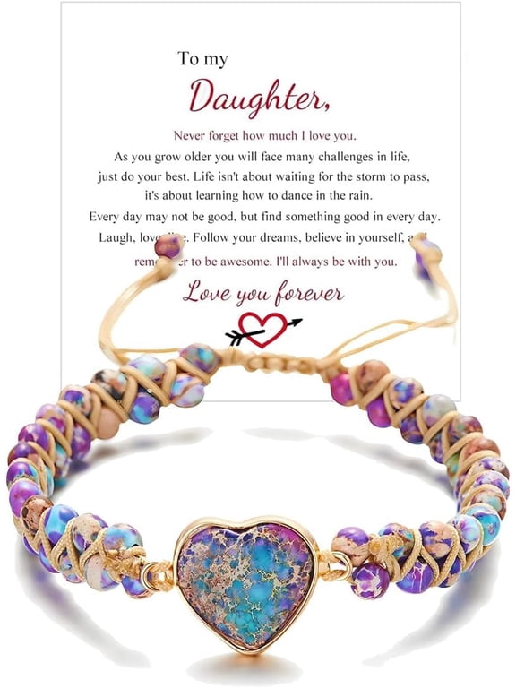 For Daughter - Love You Forever Jasper Heart Bracelet, You Are Always In Mine Heart From Mom Double Layer Natural Stone Beaded Wrap Adjustable inspirational Gift Jewelry