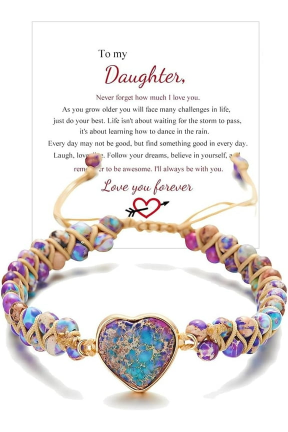 For Daughter - Love You Forever Jasper Heart Bracelet, You Are Always In Mine Heart From Mom Double Layer Natural Stone Beaded Wrap Adjustable inspirational Gift Jewelry