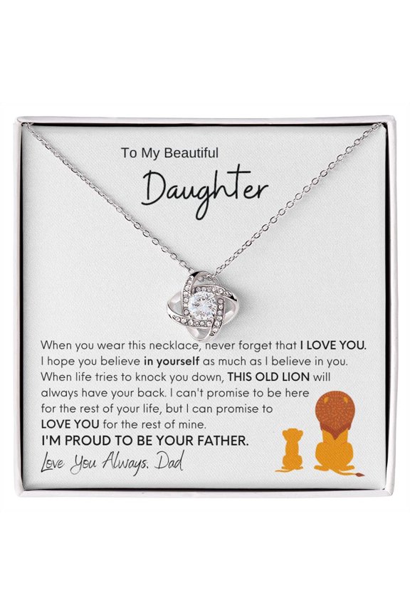 To My Daughter Necklace, Daughter Necklaces From Mom And Dad, Daughter From Mother Or Father, Beautiful Necklaces For, Birthday Idea For Women Box Standard, Old Lion 2 #1382, White Love Knot Necklace