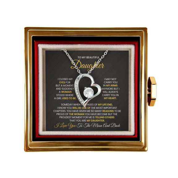 Daughter Necklace from Mom and Dad, Forever Love Pendant with Rotating Rose Box, Gift for Birthday, Valentines Day, Graduation, Christmas