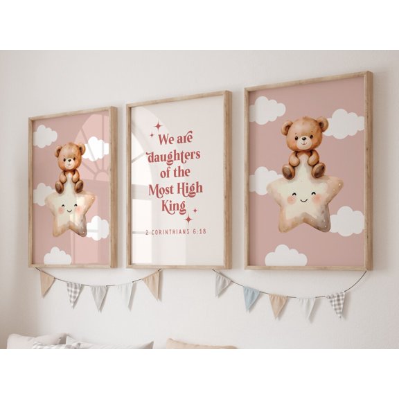 Daughter Of The King Twins Girl Nursery Decor Christian Room Decor Pink Twins Baptism Stars Set 3 Unframed Paper Print 8x12