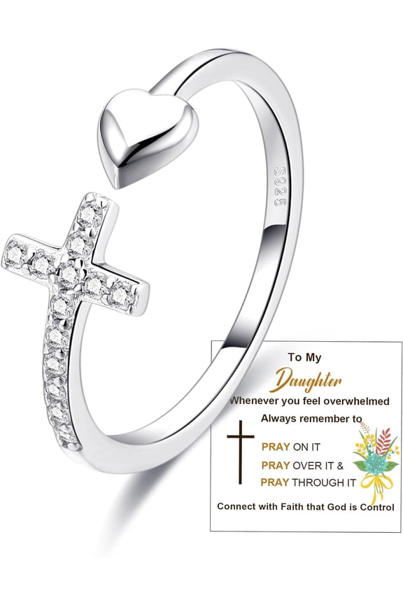 To My Daughter Rings S925 Sterling Silver Cross Ring for Women Cubic Zirconia Sterling Silver Adjustable Ring Christian Pray Cross Thumb Rings With Inspirational Card