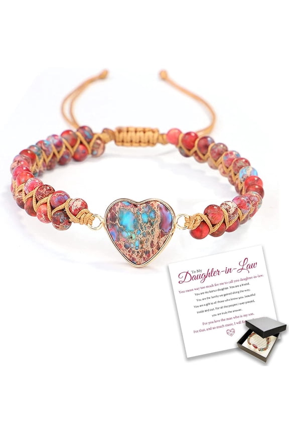 To My Daughter-in-Law, I Will Forever Love You Jasper Heart Bracelet, Mother and Daughter Bracelet, Adjustable Natural Jasper Braided Rope Bracelet, Classic Natural Jasper Bracelet