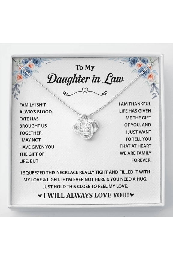 Daughter in Law Necklace from Mom & Dad – Meaningfulfor Wedding, Birthday, or – Sentimental Jewelry for Her - Message Card, White Love Knot Necklace