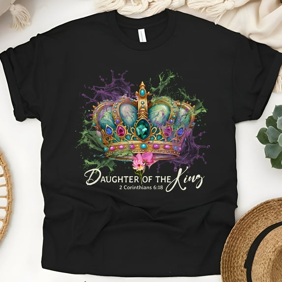 Daughter of the King T-Shirt – Crown Graphic Christian Tee for Women, Black, Size S