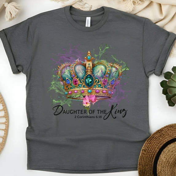 Daughter of the King T-Shirt – Crown Graphic Christian Tee for Women, Dark Heather, Size L
