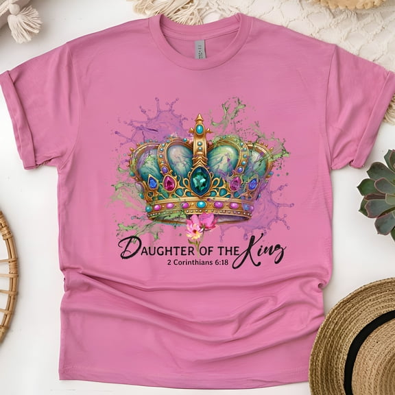 Daughter of the King T-Shirt – Crown Graphic Christian Tee for Women, Heliconia, Size 2XL