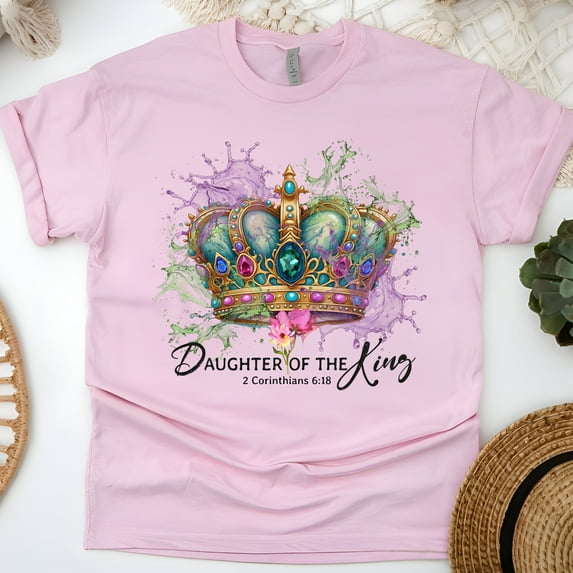 Daughter of the King T-Shirt – Crown Graphic Christian Tee for Women, Light Pink, Size XL