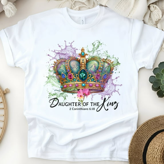 Daughter of the King T-Shirt – Crown Graphic Christian Tee for Women, White, Size XL