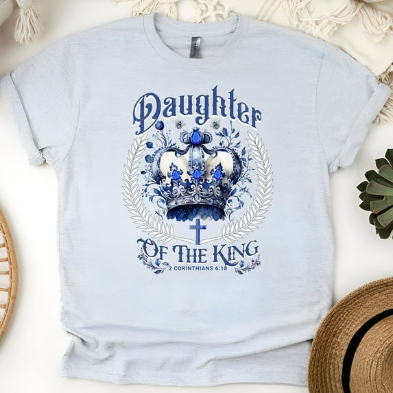 Daughter of the King T-Shirt – Royal Blue Crown Scripture Graphic Tee, Ash, Size S