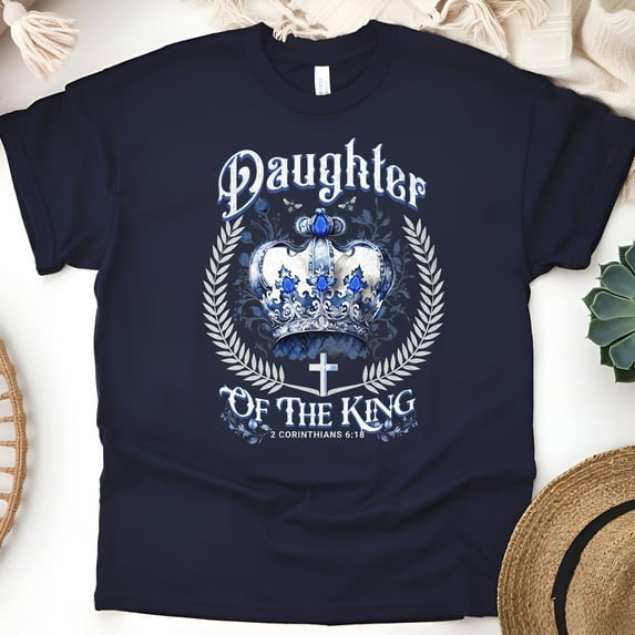 Daughter of the King T-Shirt – Royal Blue Crown Scripture Graphic Tee, Navy, Size 5XL