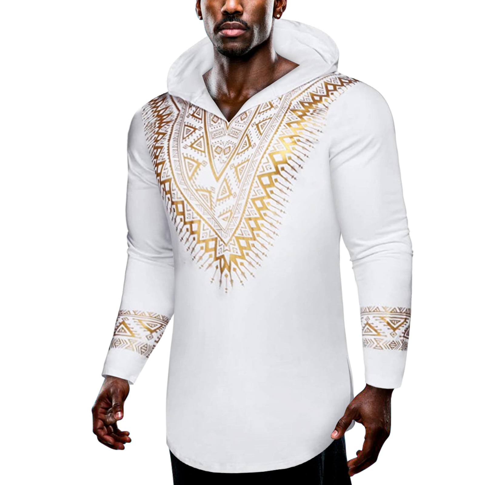 Daupanzees Mens African Dashiki Hooded Shirt Metallic Gold Stamp