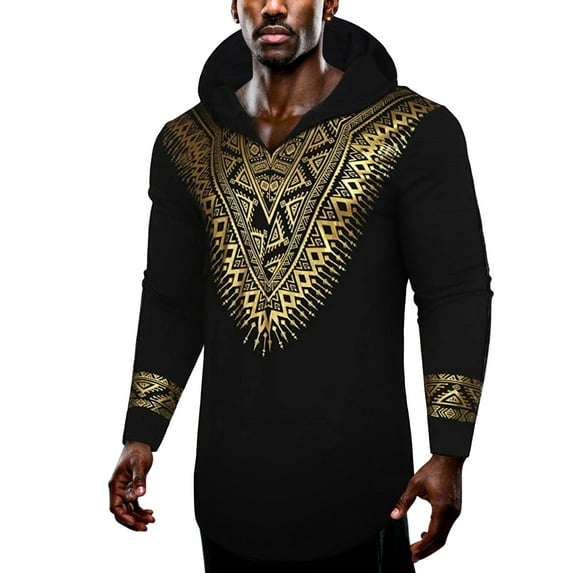 Daupanzees Mens African Dashiki Hooded Shirt Metallic Gold Stamp Printed Hoodie Long Sleeve Shirts Blouse