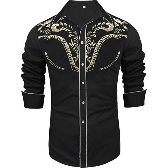 Daupanzees Slim Fit Shirts for Men Button Down Long Sleeve Embroidery Shirts Men's Western Cowboy Shirt Cotton Male Floral Embroidered Snap