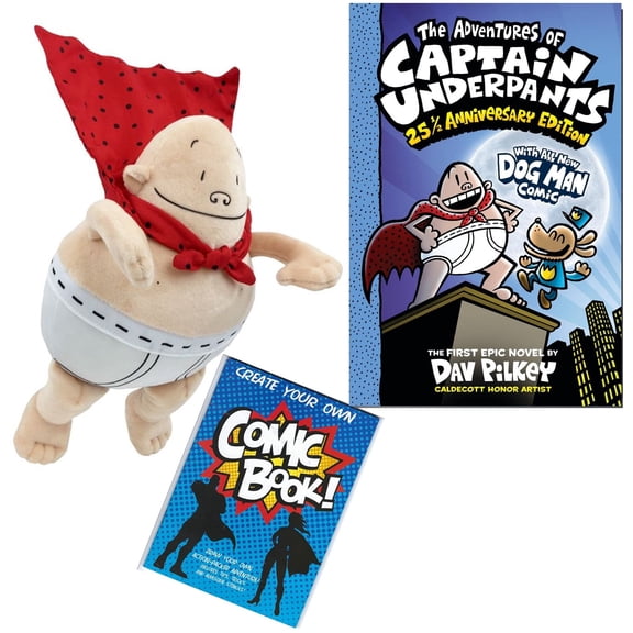 Dav Pilkey Adventures of Captain Underpants Toy Gift Set with Special 25 1/2 Anniversary & All New Dog Man Book, Superhero Plush Character, and Create Your Own Comic Book Activity (Fun & Educational)