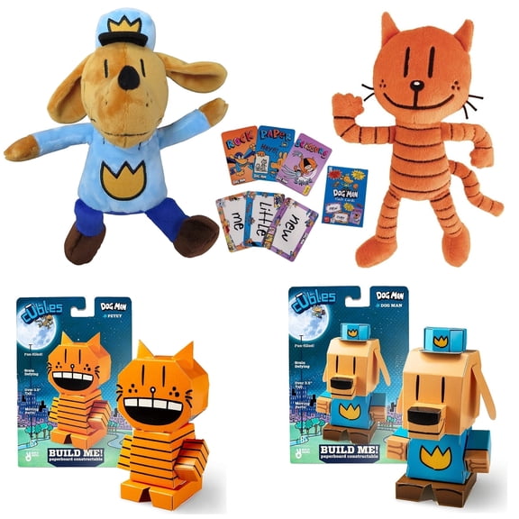 Dav Pilkey Dog Man Hero Gift Set Includes Officially Licensed Plush Book Characters, Cubles DogMan and Petey STEM Paper Craft Collectibles, and Flash Cards (Medium Dog Man Cuble Set)