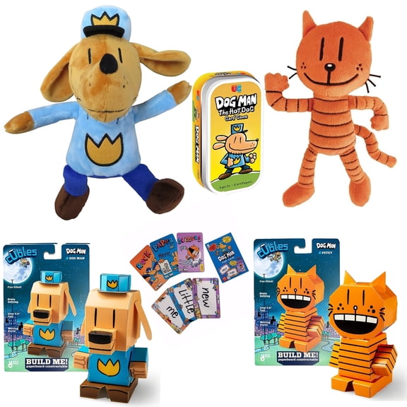 Dav Pilkey Dog Man Hero Gift Set includes MerryMakers DogMan and Petey Plush, Two Cubles STEM Moveable Paper Crafts, University Games HotDog Card Game, Flash Cards (Large Dog Man Cuble Set)