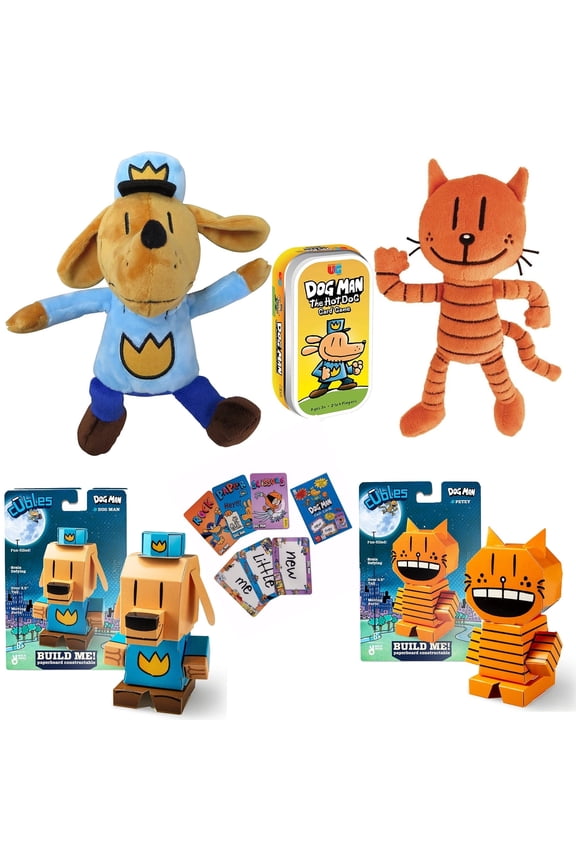 Dav Pilkey Dog Man Hero Gift Set includes MerryMakers DogMan and Petey Plush, Two Cubles STEM Moveable Paper Crafts, University Games HotDog Card Game, Flash Cards (Large Dog Man Cuble Set)