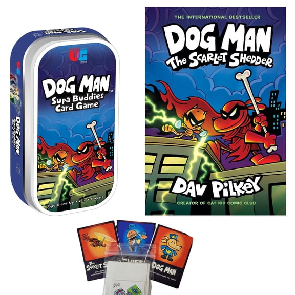 Dav Pilkey Dog Man The Scarlet Shedder Gift Set includes Hardcover Book #12, Dog Man Supa Buddies Card Game, and Character Cards (Series Encourages Empathy, Kindness, and Persistence)