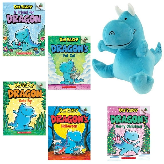 Dav Pilkey Dragon Series Easy Reader 5 Book Set (A Friend for Dragon; Dragons Fat Cat; Dragon Gets by; Dragons Halloween; Merry Christmas), MerryMakers Blue Plush & Gift Book Bag