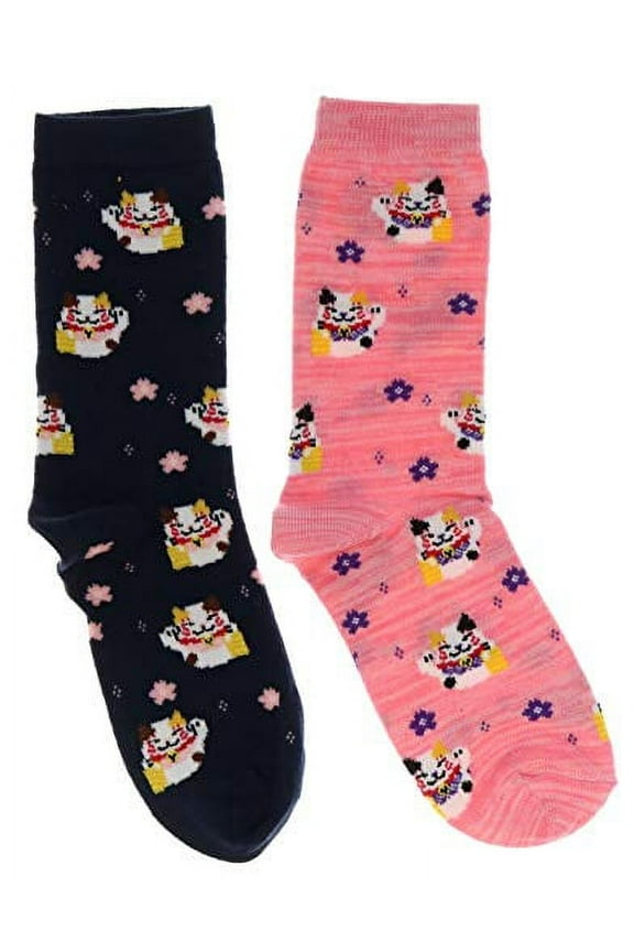 Women's Maneki Neko, Good Fortune Cat Crew Socks (2Pr), Navy Blue & Pink