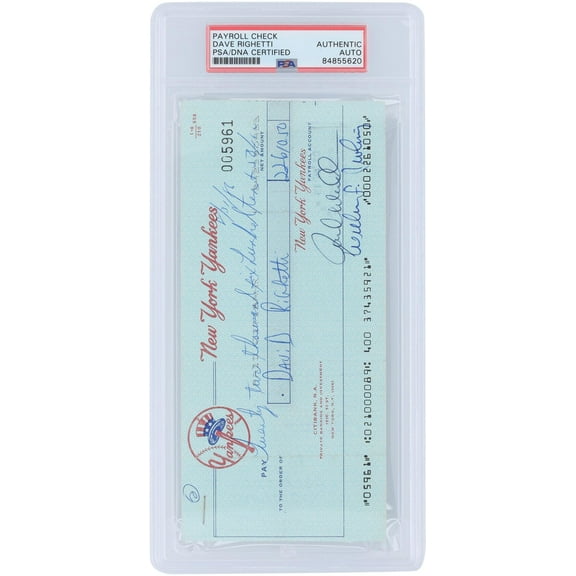 Dave Righetti New York Yankees Autographed Check from August 31, 1986 - PSA 84855620 - Fanatics Authentic Certified