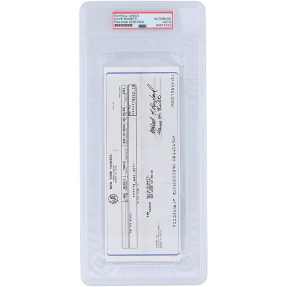 Dave Righetti New York Yankees Autographed Check from September 15, 1989 - PSA 84855622 - Fanatics Authentic Certified