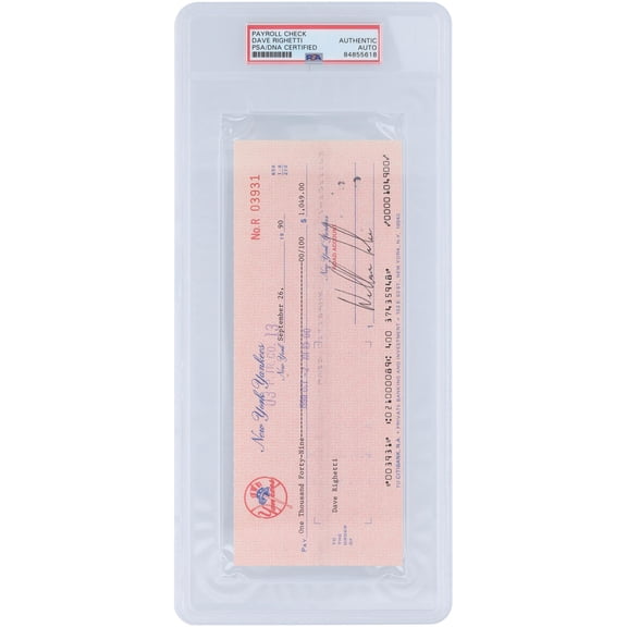 Dave Righetti New York Yankees Autographed Check from September 26, 1990 - PSA 84855618 - Fanatics Authentic Certified