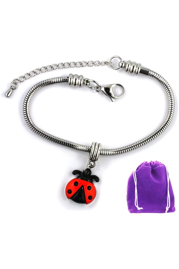 Ladybug Bracelet | Red and Black Ladybug Four Dots Stainless Steel Snake Chain Bracelet