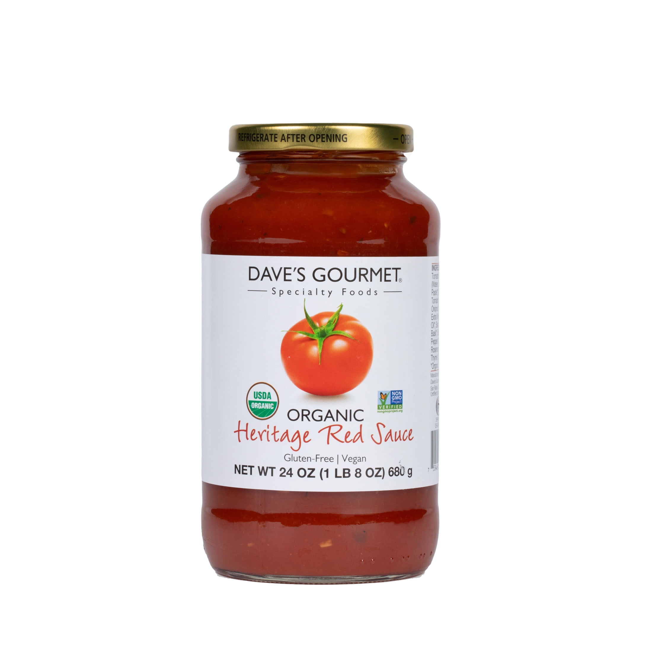 Daves Gourmet Organic Heritage Red Tomato Pasta Sauce, Classic Marinara Flavor for Spaghetti Dishes, Shelf-Stable, Gluten-Free, Vegan, 24oz Jar