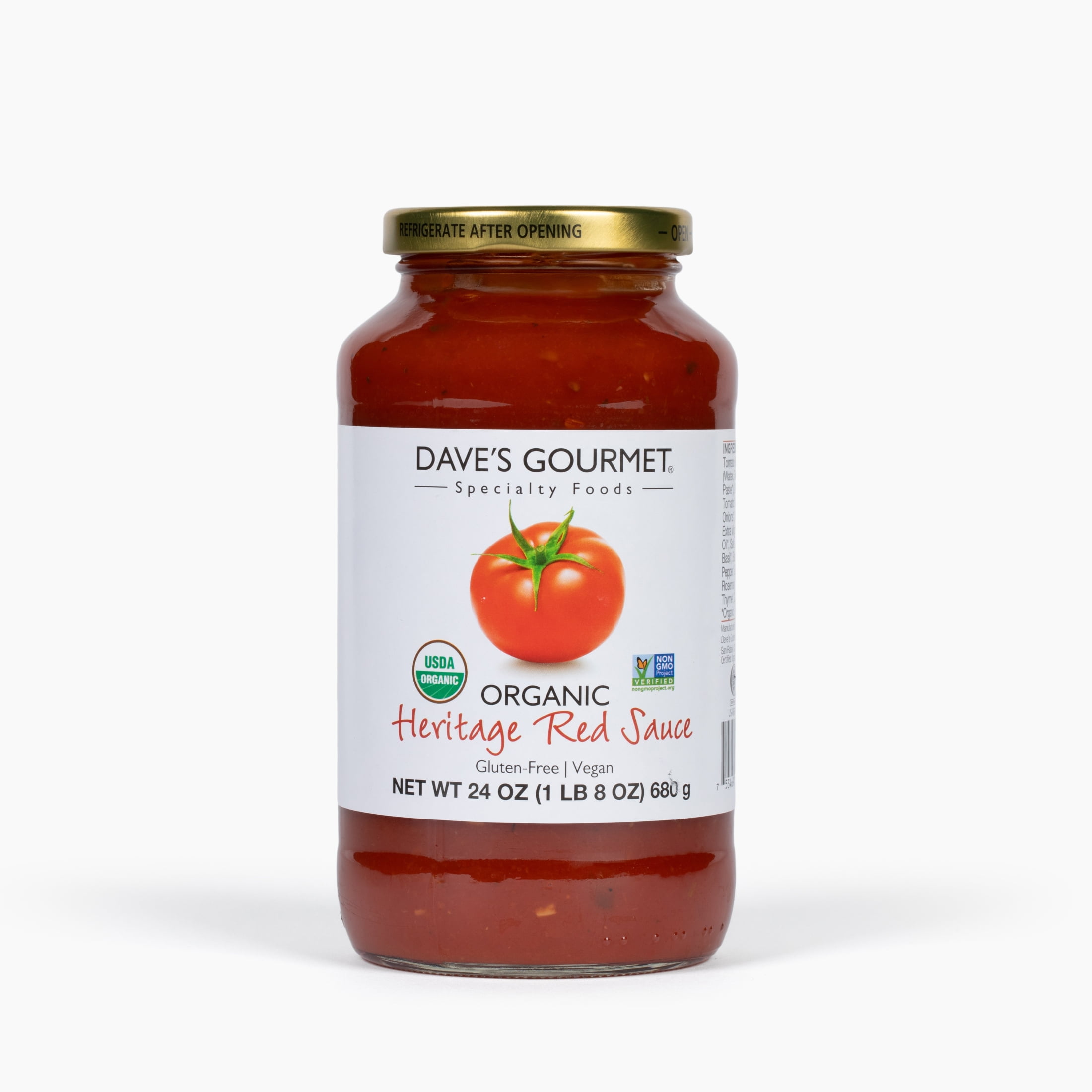 Daves Gourmet Organic Heritage Red Tomato Pasta Sauce, Classic Marinara Flavor for Spaghetti Dishes, Shelf-Stable, Gluten-Free, Vegan, 24oz Jar