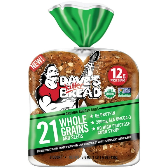 Daves Killer Bread 21 Whole Grains and Seeds Organic Hamburger Buns, 8 Count, 17.6 Ounce-Pack Of 7